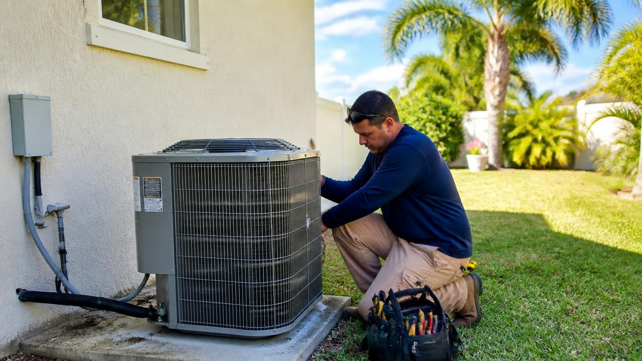 HVAC technician servicing an outdoor AC unit at a Florida home