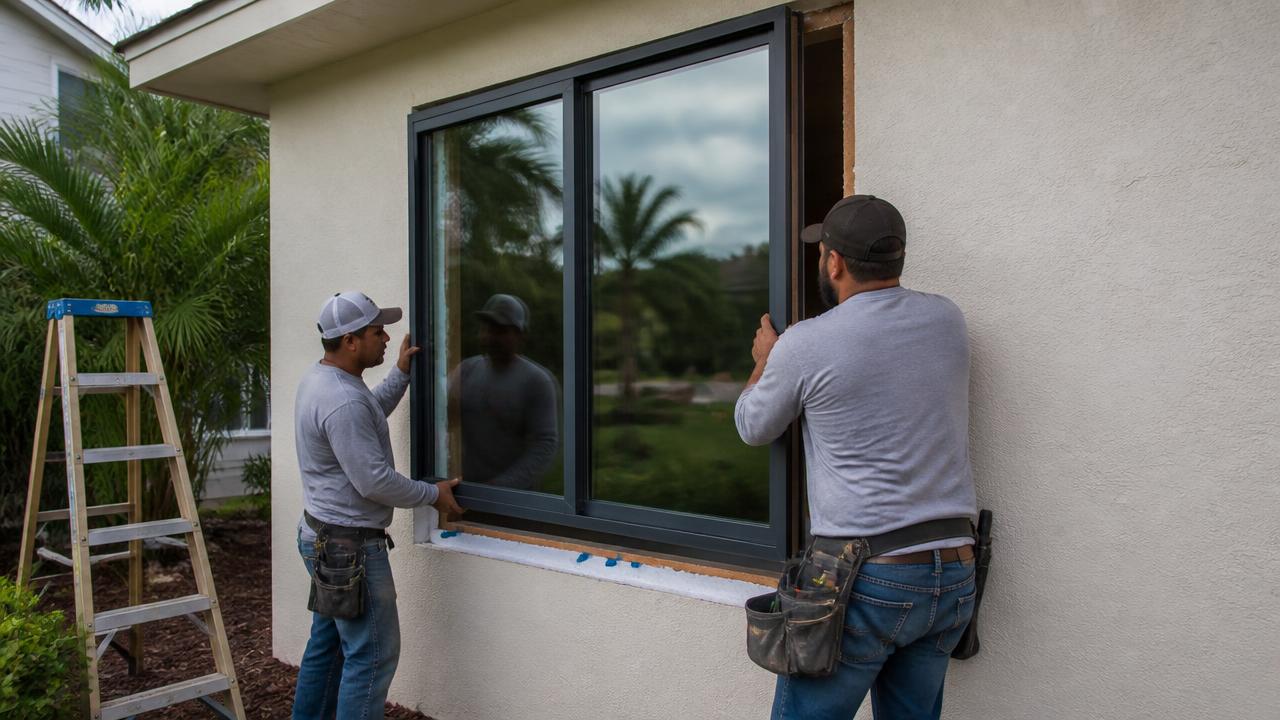 Installers fitting a hurricane impact window on a Florida home
